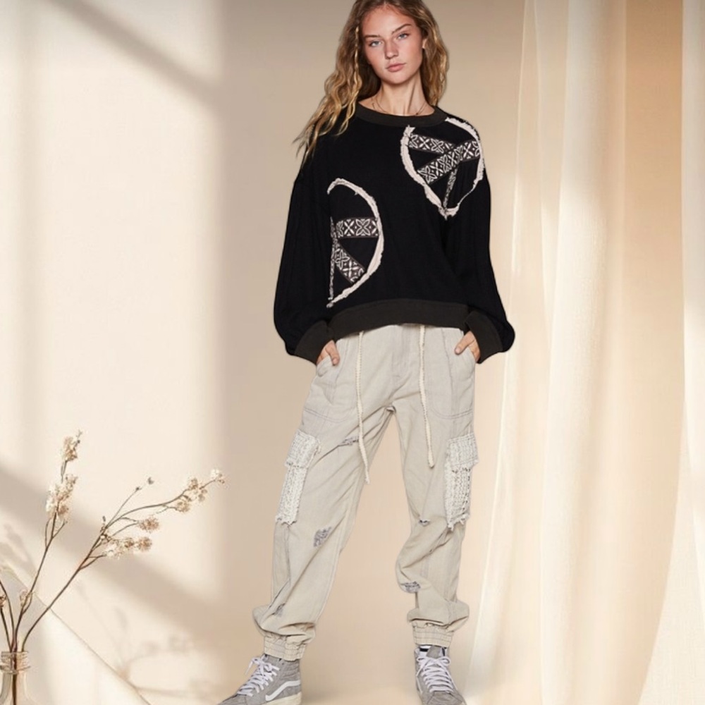 POL Black Boho Peace Sign Patch Sweater | Relaxed Fit Patchwork Top - Picture 6 of 7
